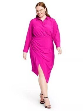 Cushnie x Target Hot Pink Ruched Asymmetrical Faux Wrap Midi Dress Size 22W NWT
